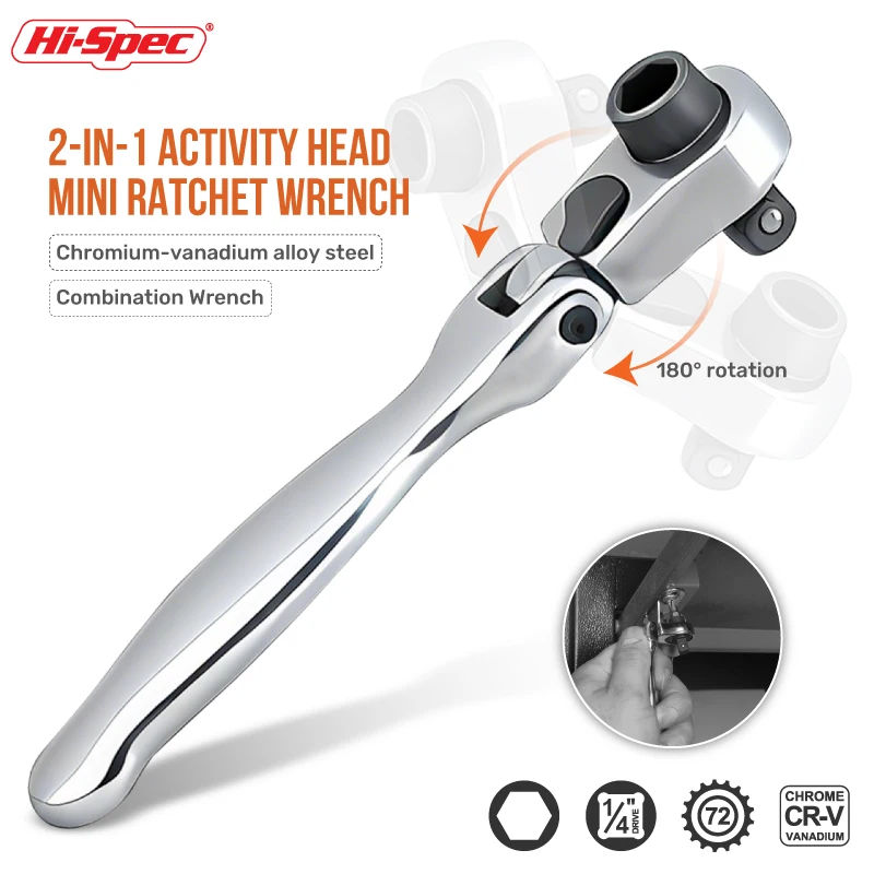 Hi-Spec 2-IN-1 Mini Ratchet Wrench with Activity Head, CRV Steel Double-Ended Wrench for Precision Automotive and Home Repair