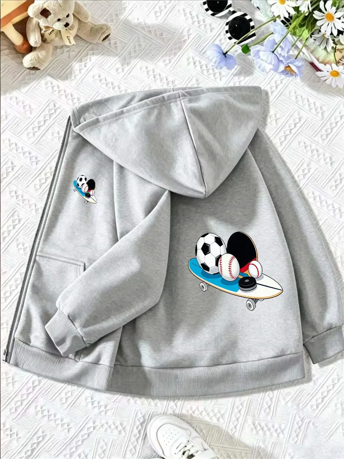 Kids Multi Sports Ball Skateboard Graphic Zip Up Hoodie Loose Long Sleeve Hooded Jacket Sporty Casual Outerwear For Boys Girls