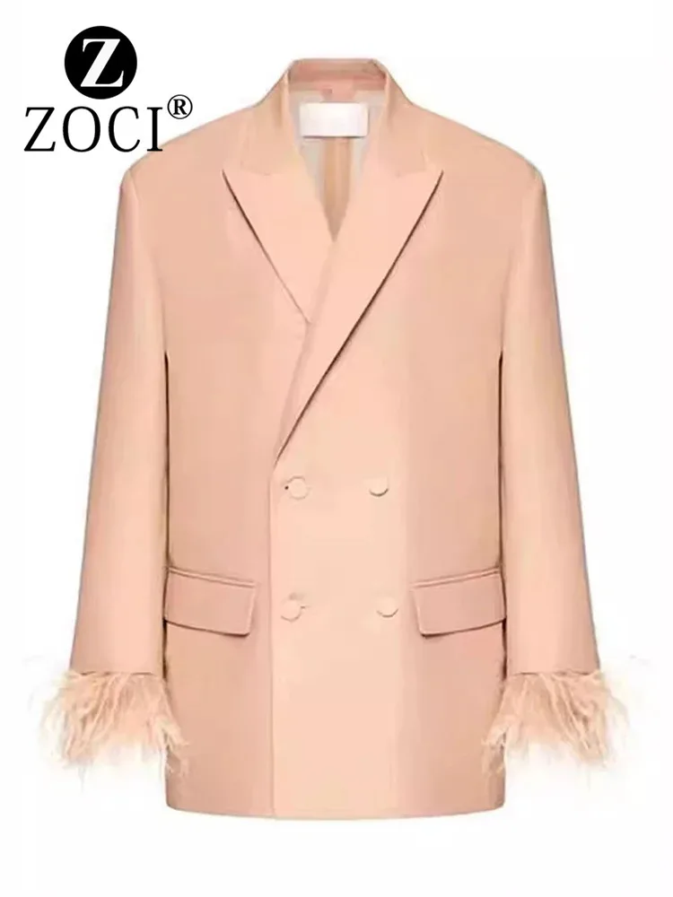 

[ZOCI] 2024 autumn/winter Double Breasted Straight Tube Ostrich Fur Cuffs Solid Color Suit Jacket Women