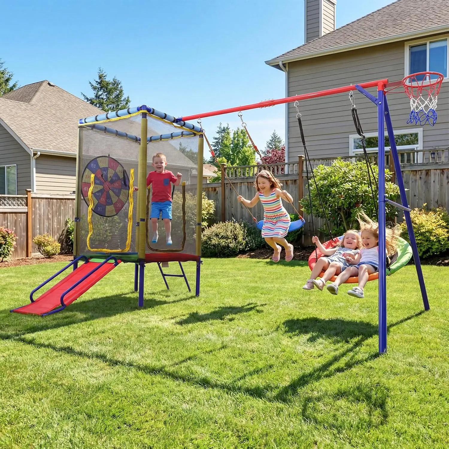 6 In 1 Outdoor Swing Set Metal A-Frame, Trampoline, Slide, Saucer & Belt Swing, Dartboard, Basketball Hoop, Customized