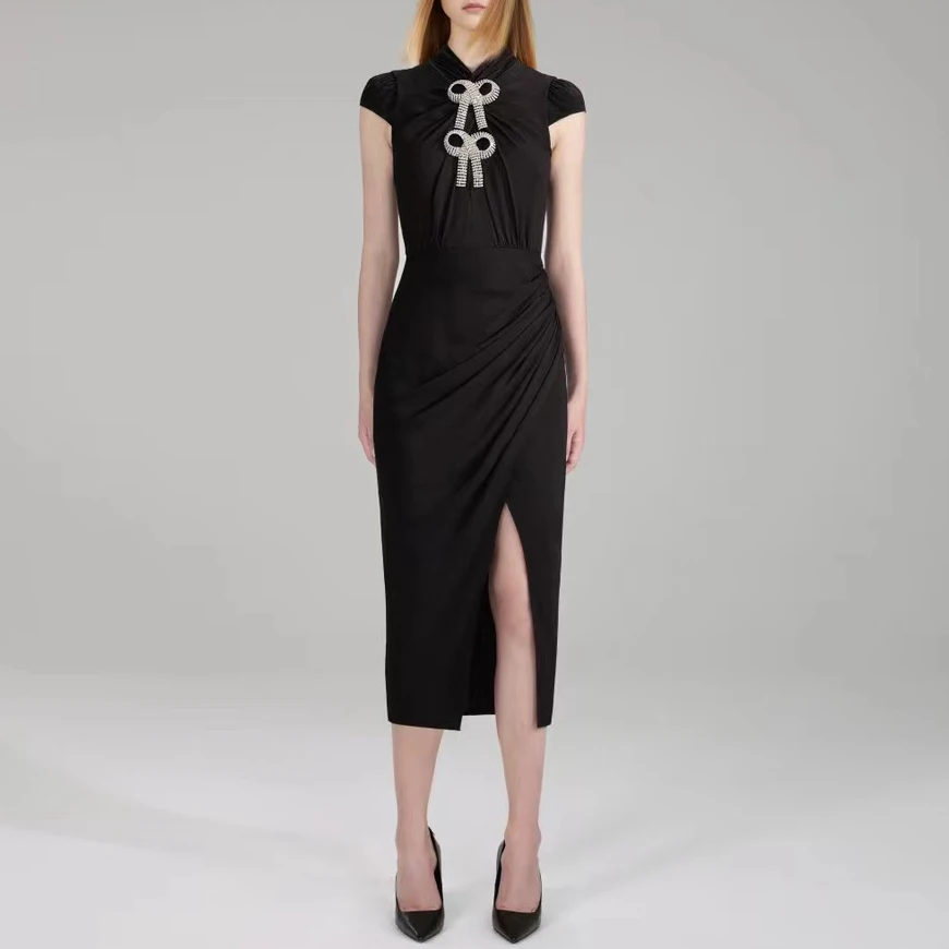 

Diamond bow decoration women midi dress high waist short sleeve split midi dress