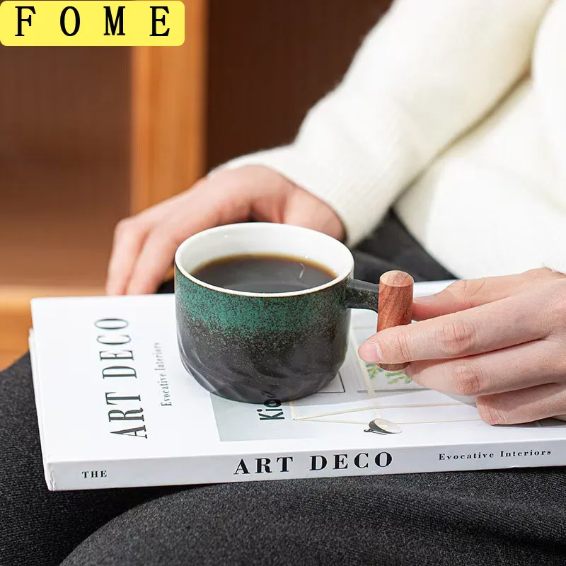 

FOME Ceramic Retro Espresso Coffee Cup With Wooden Handle Office Water Cup Tea Cup 60ML