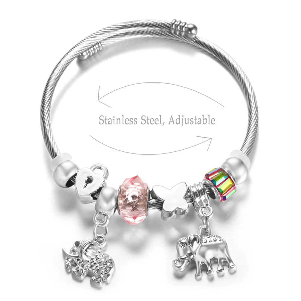 2024 Trendy 4 Colors Rhinestone Elephant Beaded Bracelet Closure Adjustable Bangles Stainless Steel Women Wrist Bracelet Jewelry