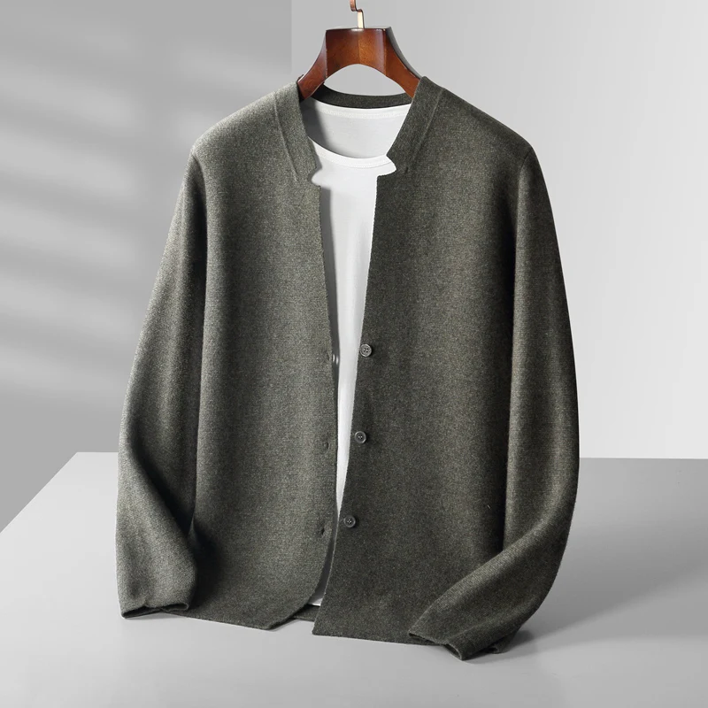 High End Business Casual 100% Merino Wool Cardigan Men\'s Solid Color Knitted V-Neck Cashmere Cardigan Jacket Sweater Winter Coat