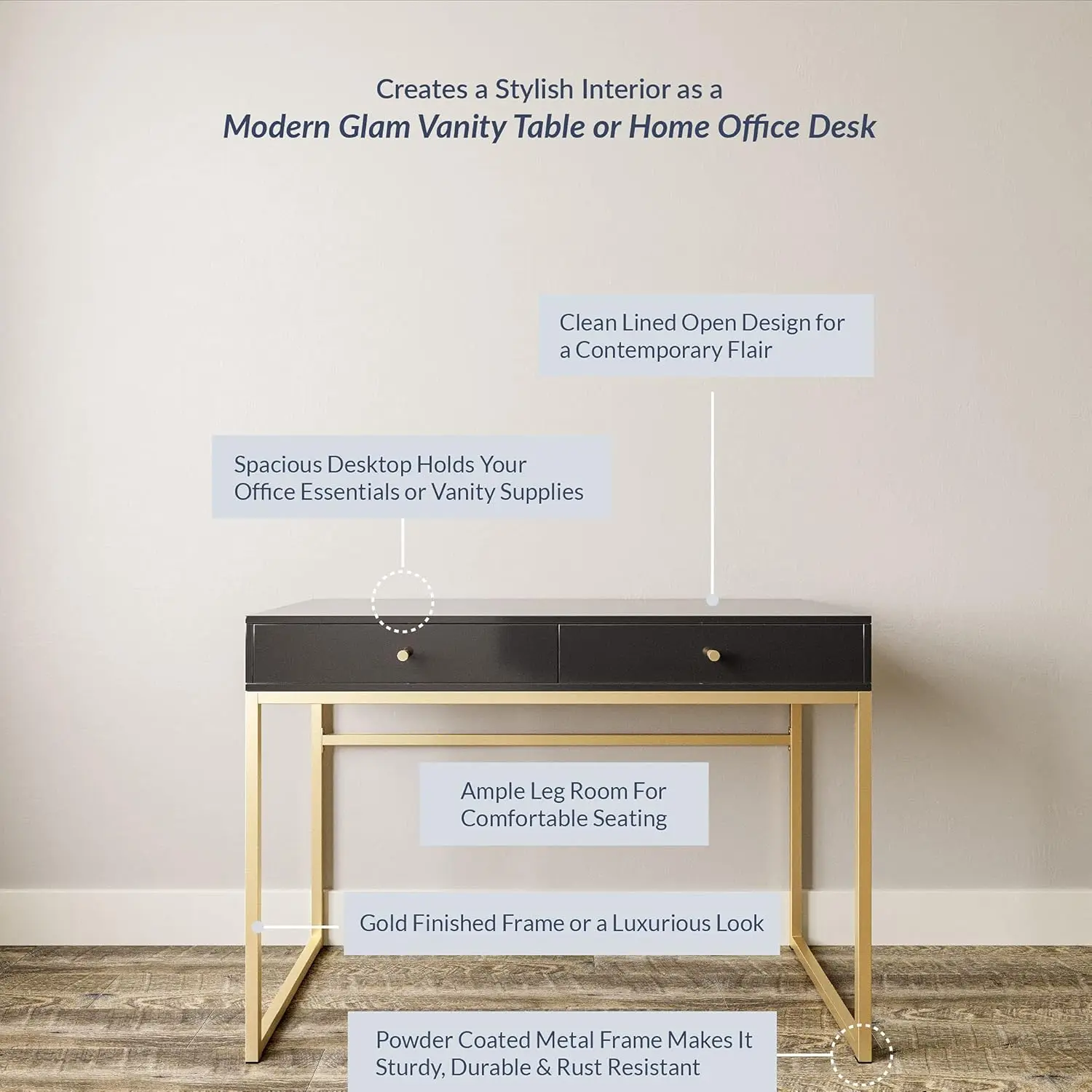 42 Inch Makeup Vanity or Home Office Desk for Bedroom, Black Wood Top with Gold Metal Frame, Two Storage Drawers - view 6