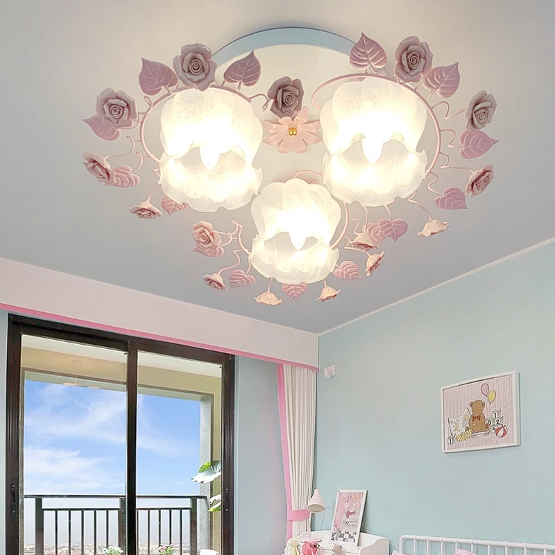 

Warm pastoral children's room lights princess bedroom lighting, Korean iron flower and grass living room lights pink rose