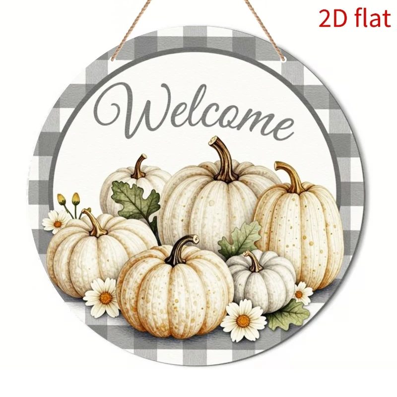 2D Flat Printing, Wooden Sign, Plaque, Pattern - Autumn White Pumpkin Decorative Painting with Elegant Welcome Text, 9-Inch Roun