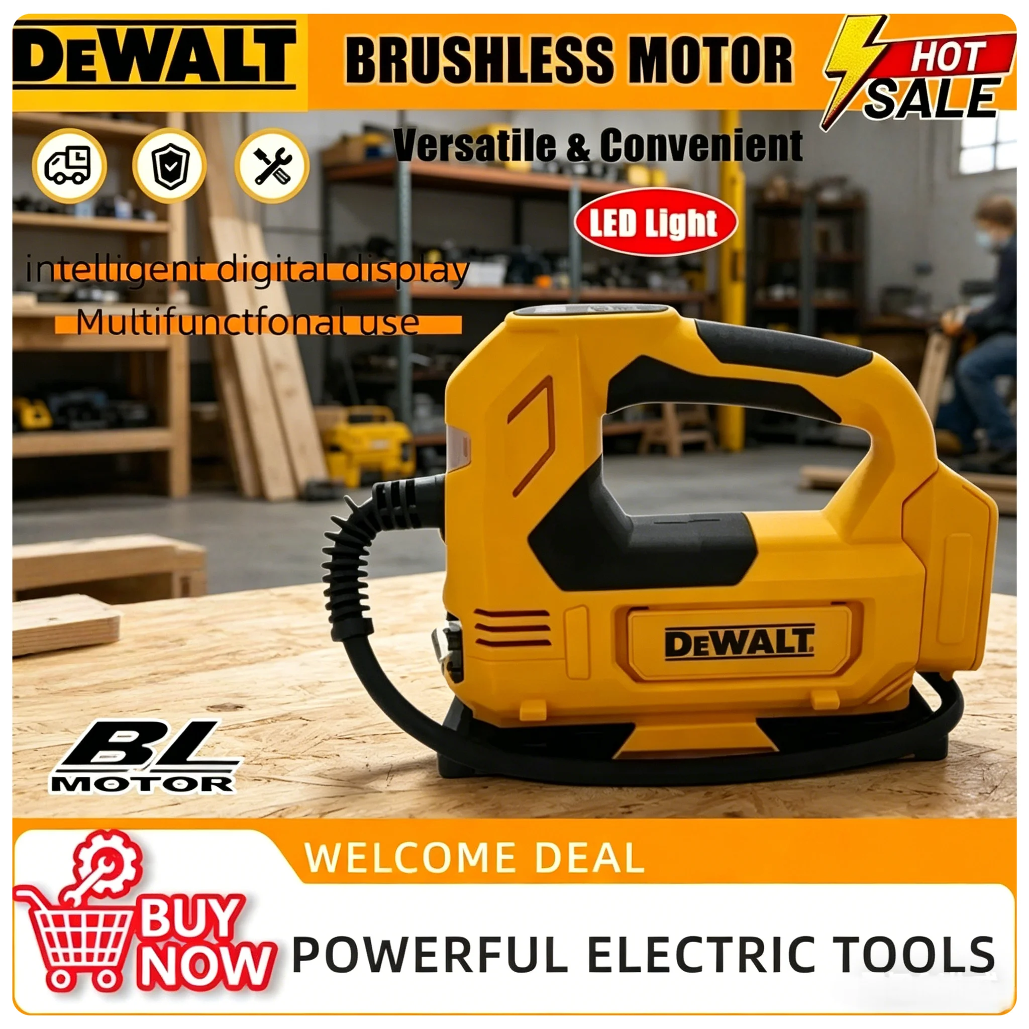 

Портативный воздушный насос Dewalt, перезаряжаемый беспроводной электрический компрессор для автомобильных шин, мотоциклов, мячей и других надувных изделий