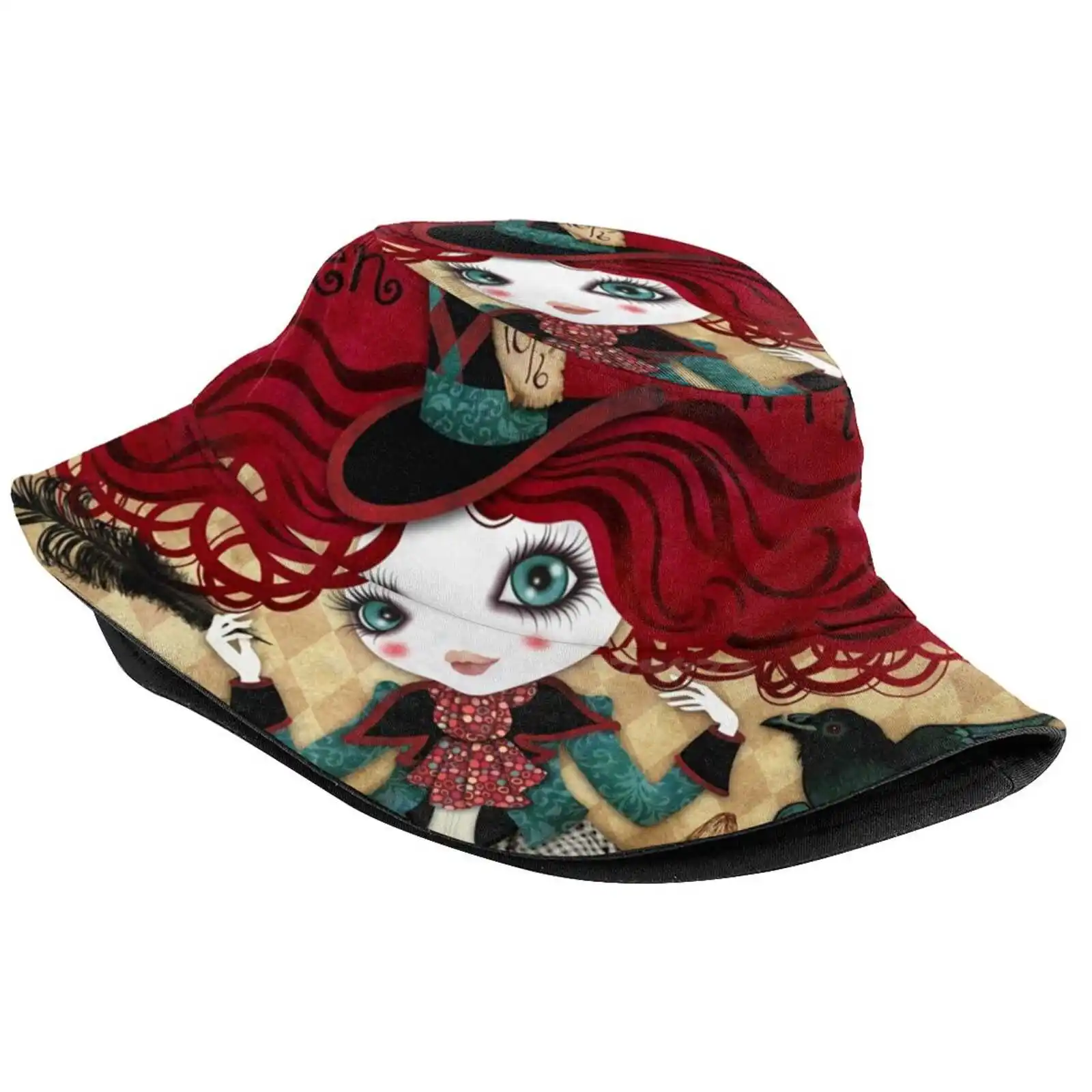 Mad Riddle Sun Cap Fisherman Hat Bucket Hats Alice Raven Crow Victorian Riddle Vintage Mushrooms Story Book Fairy Tale Fantasy