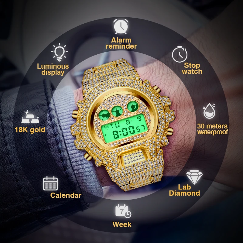 Luxury Men\'s Iced Watch MISSFOX Fashion Multifunctional Gold Electronic Clocks Hip Hop Diamond Bling Quartz WristWatch Man Reloj