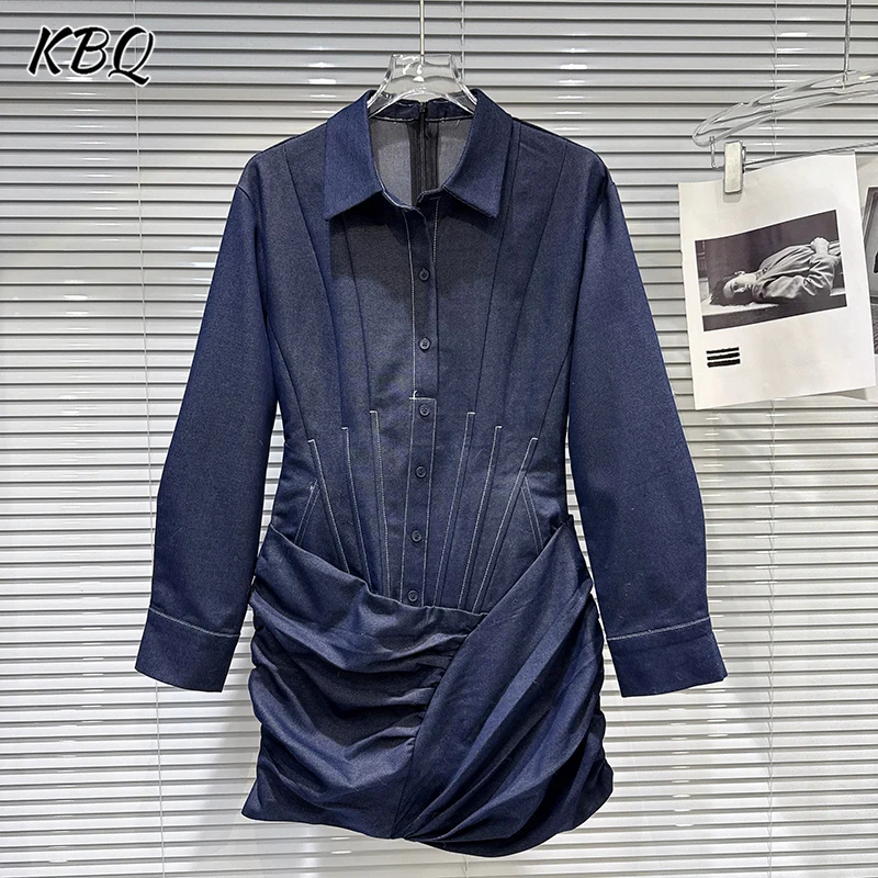 

KBQ Solid Spliced Folds Cross Skirt Dress for Women Lapel Long Sleeve Spliced Button Slimming Denim Dress Female Fashion Style
