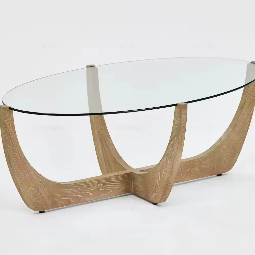 

!@Farmhouse-Style Oak Wood Tempered Glass Coffee Table for Home Villas Hotels Halls Dining Living Room Furniture
