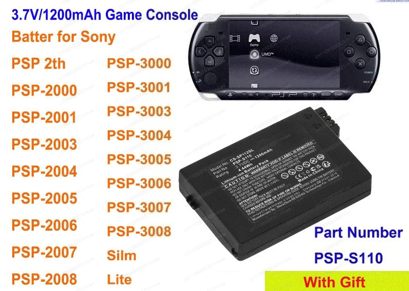 1200mAh Battery PSP-S110 for PSP-2000, PSP-3000, PSP-3004, PSP-3001, PSP-3008, PSP-2004, PSP-2006, PSP-2005