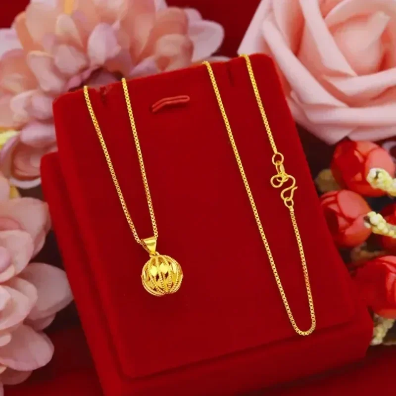 GoldEclat   High - Grade 9999 24K Yellow Gold Women's Hollow Ball Necklace, Eye - catching Jewelry