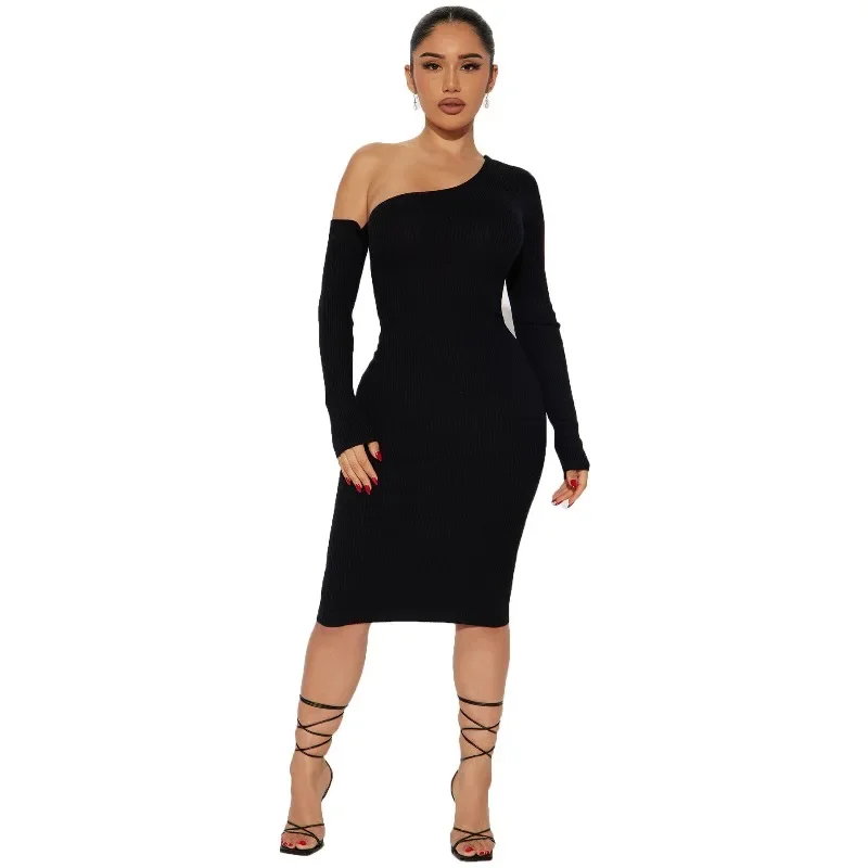 Fashion Sexy Elegant One Shoulder Cut Out Long Sleeve Bodycon Dress Bandage Dress Black Night Out Evening Cocktail Party