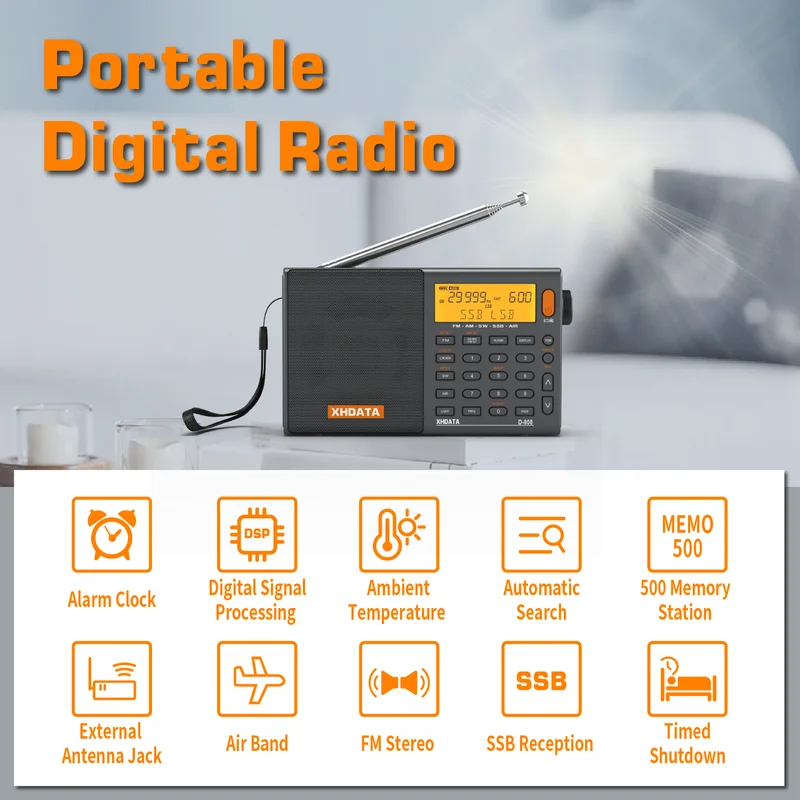 Rádio Portátil Multibanda Xhdata D808 AM FM SW MW com SSB RDS — foto 6