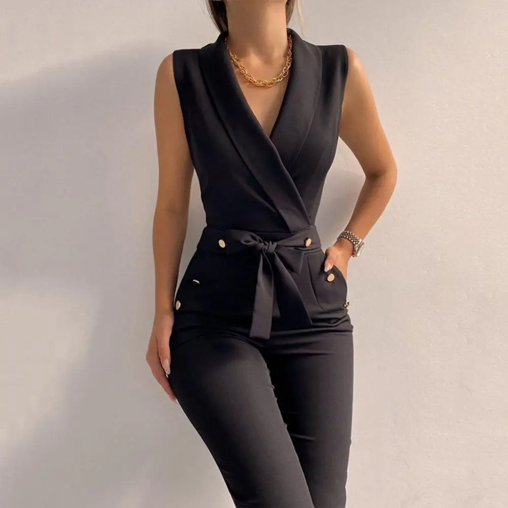 

Summer Women Casual V Neck Jumpsuits Button Decor Lace Up Sleeveless Wide Leg Pants Overalls Formal Business Jumpsuit Commuting