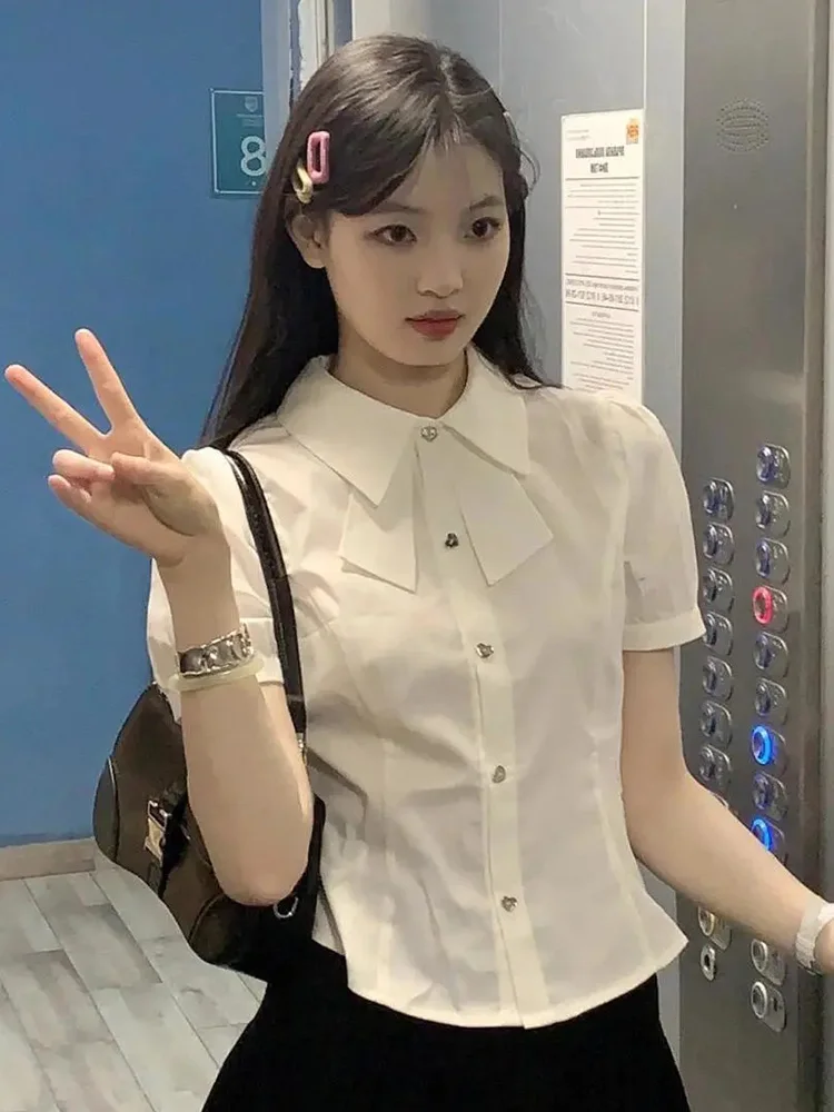 

Summer Cute White Shirt Women Slim Sweet Puffy Sleeve Chic Blouse Fashion Bow Japan Female Preppy Style Kawaii Female Tops New