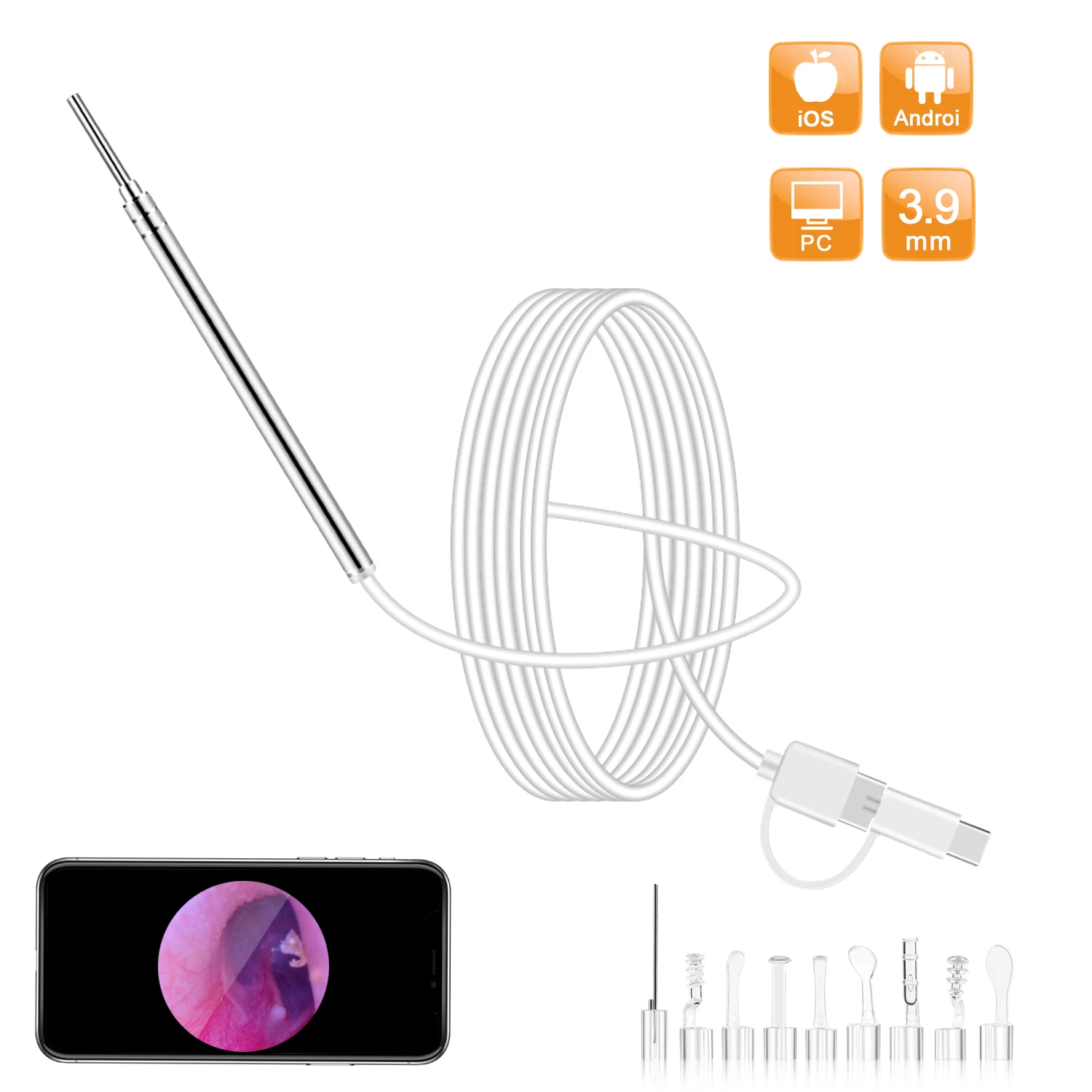 

Mini Endoscope Camera 3.9MM 6 LEDs Three-in-one Interface USB Inspection Ear Nose Visual Health Care with Ear Pick Set