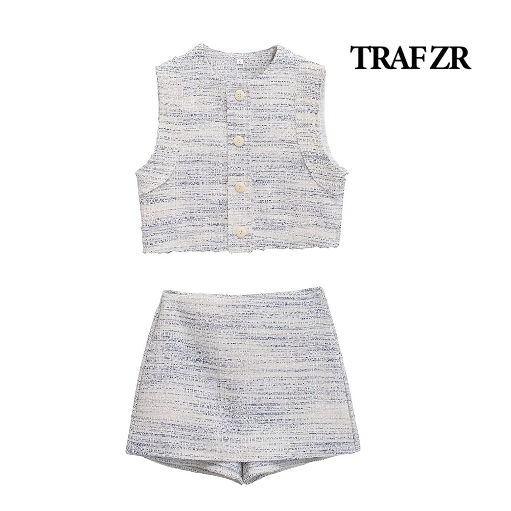 TRAF ZR Gingham Vest Skirt Sets for Women Vintage Chic 2 Pieces Ensembles Shorts O-neck Frayed Hem Vest + Mini Skorts Side Zip