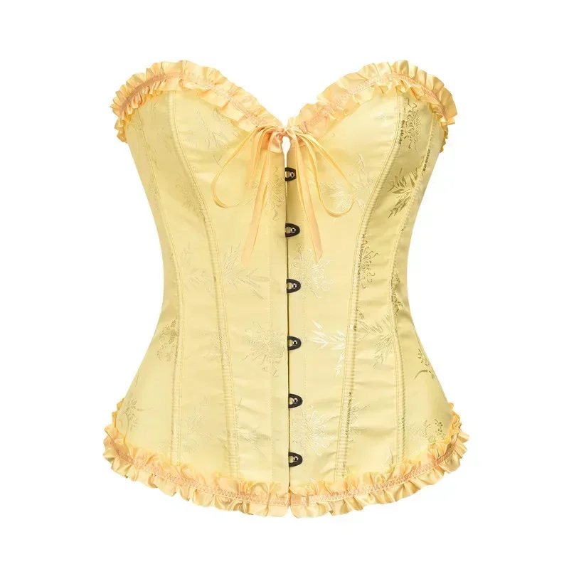 Sexy Women Corset Top Bustiers Overbust Floral Vintage Gothic Corselet Green Pink Yellow