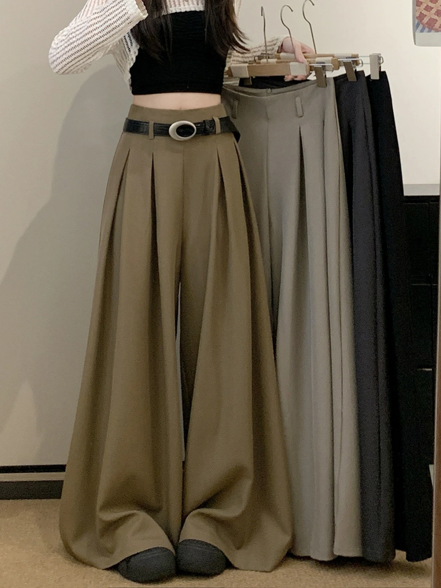 

Широкие брюки цвета хаки, женские драпированные брюки длиной до пола с высокой талией, свободные ощущения, осенний дизайн, брюки, юбка