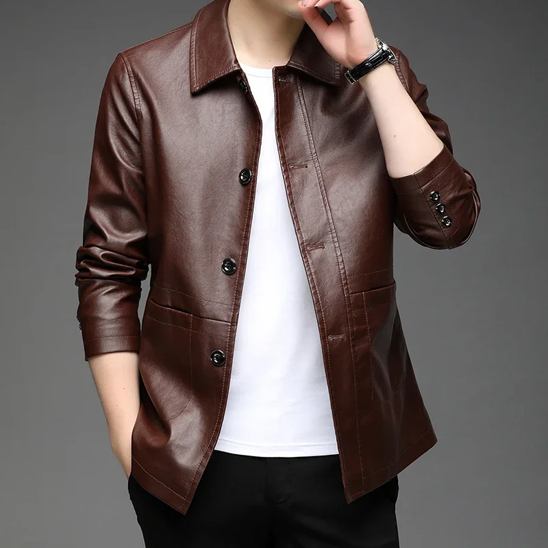 Top Grade New Brand Designer Casual Fashion Brown Faux Pu Fashion Leather Jacket Men Biker Classic Coats Mens Clothing 2023