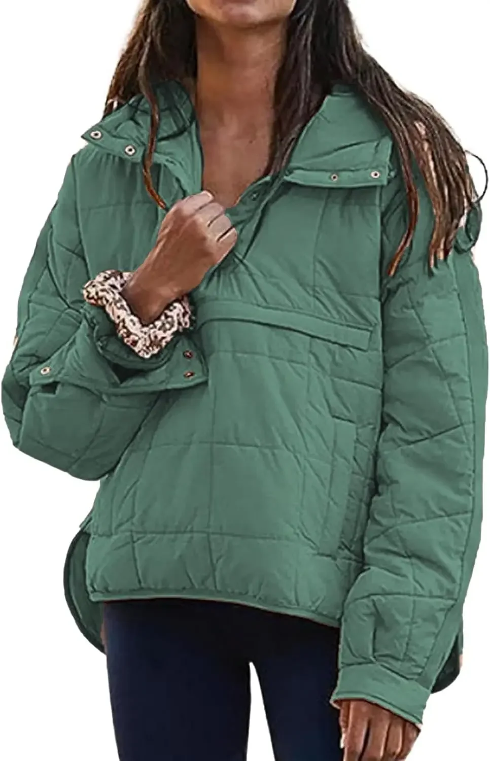 

Quilted Pullover Women's Puffer Jacket Lightweight Button Long Sleeve Coat Oversized Packable Women Hooded Jacket Top