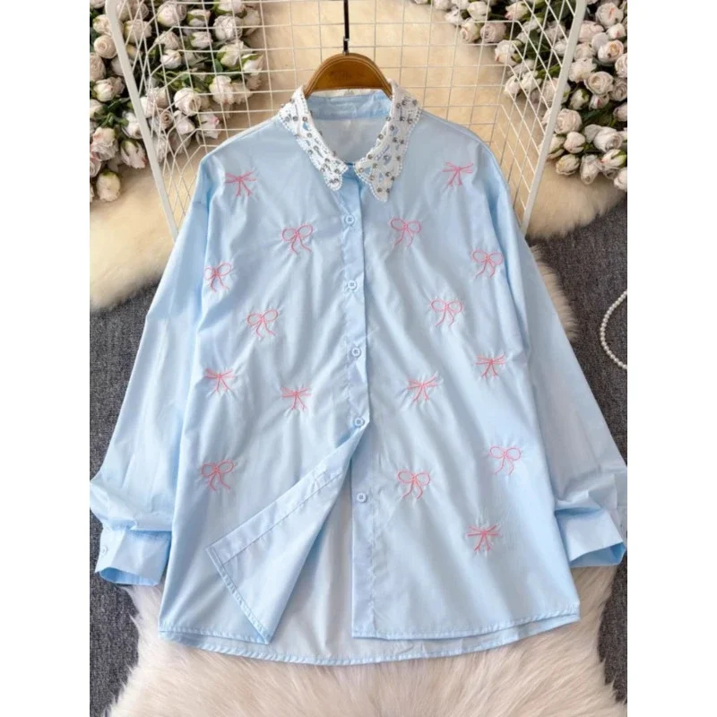 

Vintage Heavy Industry Diamond-encrusted Butterfly Long-sleeved Shirt Women Blouse Spring Loose Korean Slim Shirt Female Tops