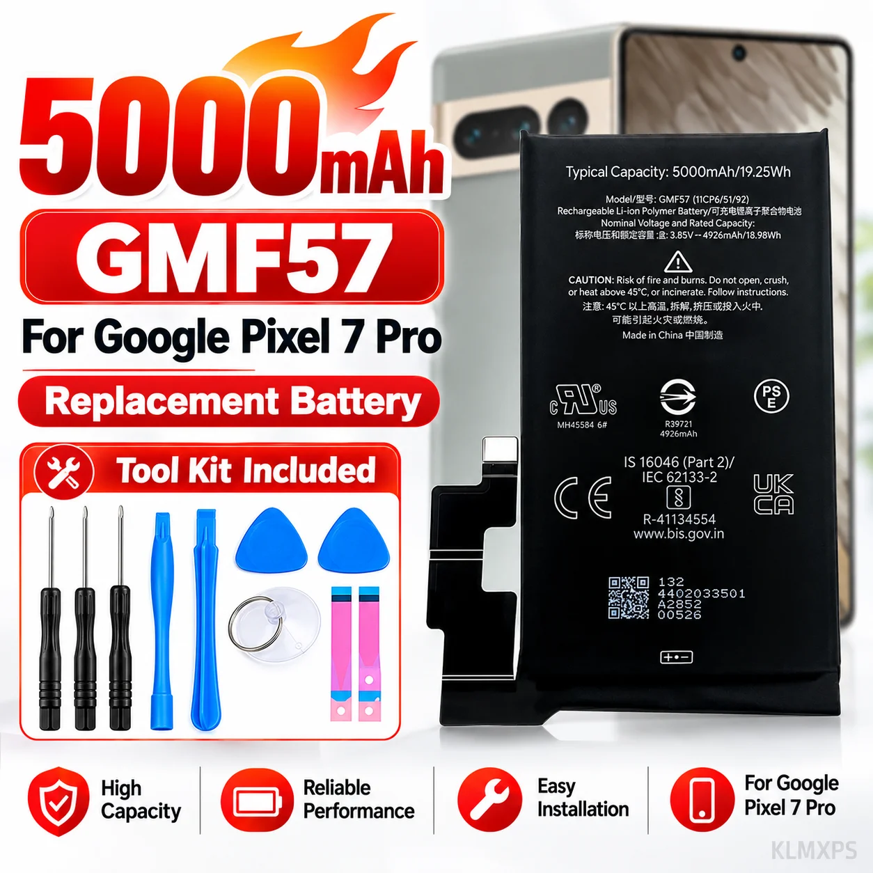 5000mAh GMF57 Replacement Battery for Google Pixel 7 Pro Li Polymer Battery High Capacity Cell Repair Kit Included