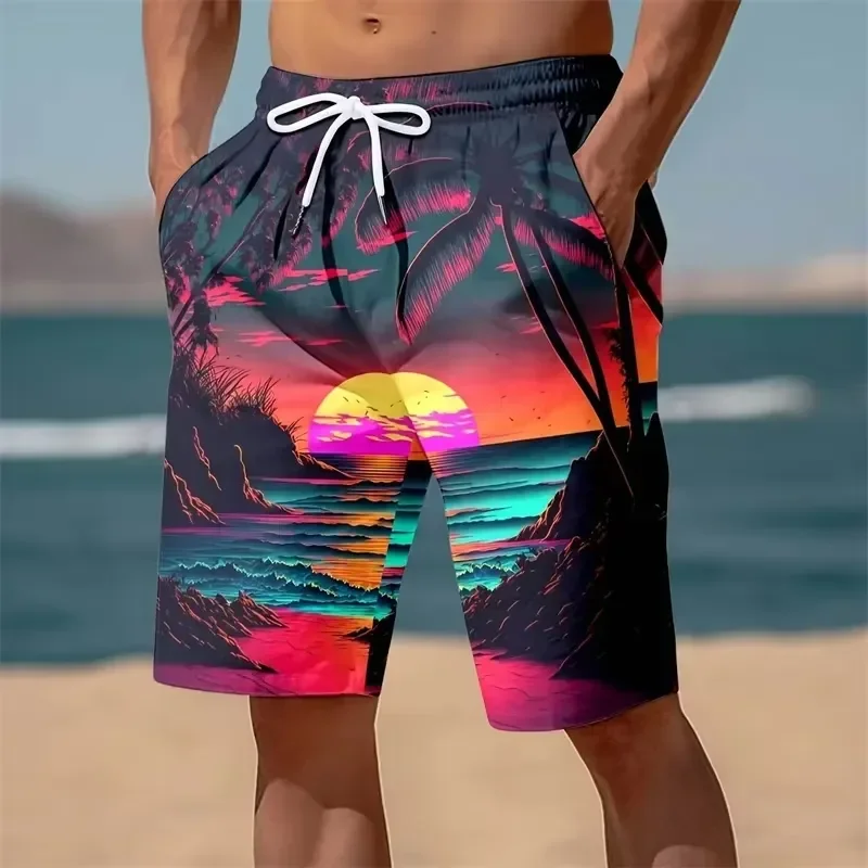 Men Beach Shorts 3D Print Colourful Coconut Tree Pattern Board Shorts Summer Hawaiian Casual Loose Gym Sports Swim Trunks