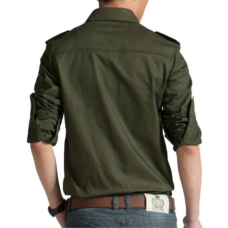 Drop Shipping men military  long sleeve slim fit camisa masculina khaki army green cotton shirt AXP218