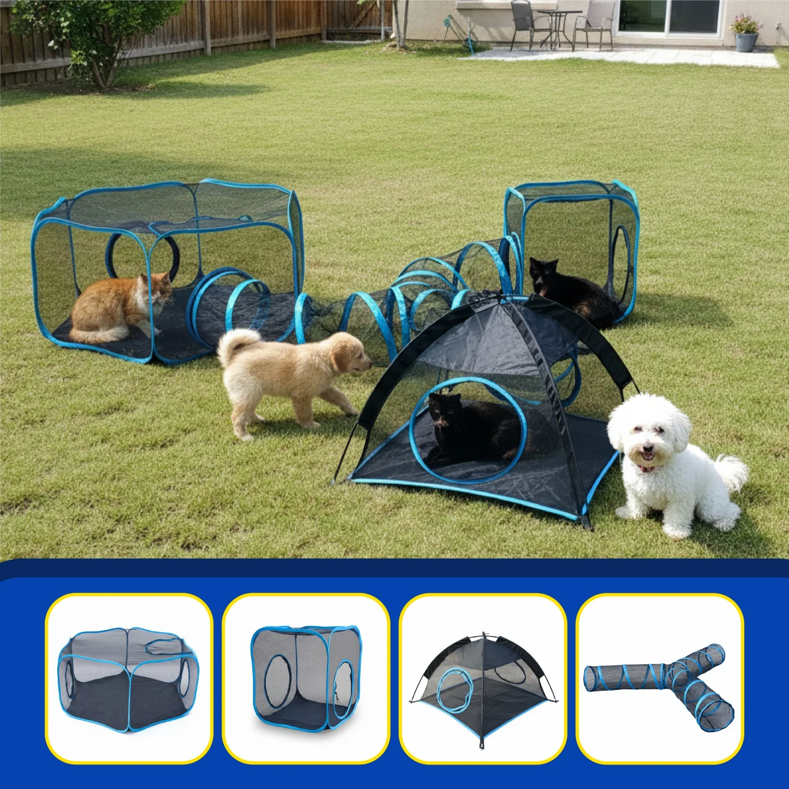 1 Pack Detachable 4-in-1 Cat Play Tent Set, Foldable Mesh Tunnel Playpen with Carry Bag for Indoor Outdoor