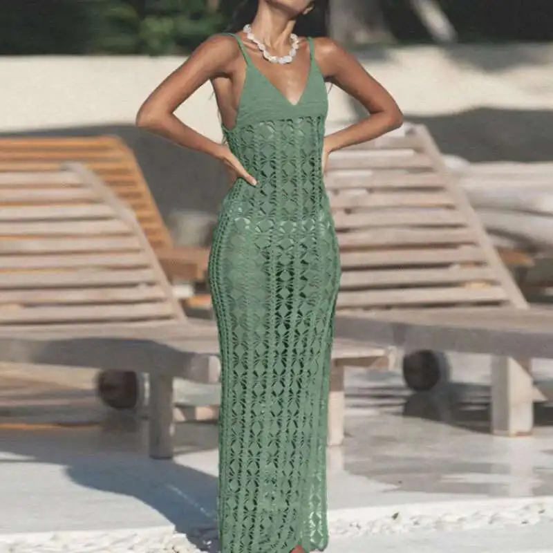 Ladies Sexy V Neck Hollow Split Knitted Suspender Dress Crochet Solid Color Beach Bikini Cover Up Summer Slim One-Piece Swimsuit