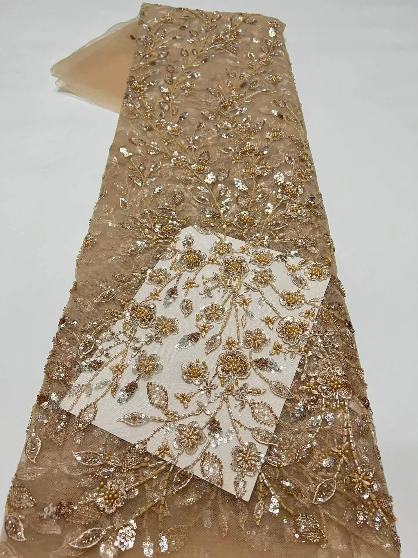 

SJ Lace African Heavy Beaded Lace Fabric, Nigerian Tulle Lace Fabric Sequins Groom Fabric, 2026 Wedding Party Dress Sewing