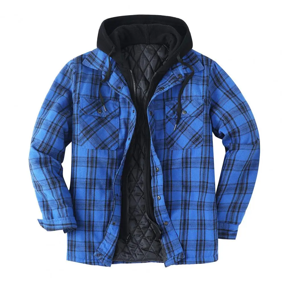 Red Black Hooded Plaid Western Cowboy Winter Shirt Jacket for Men Fleece Linend Flannel Casual Warm Checkered Shirt Male