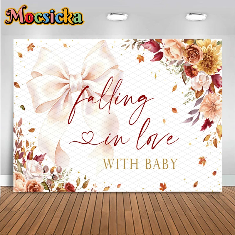 Mocsicka Falling In Love With Baby Photography Backdrop Autumn Floral Bow Background Cloth Decors Fall Baby Shower Photo Booth