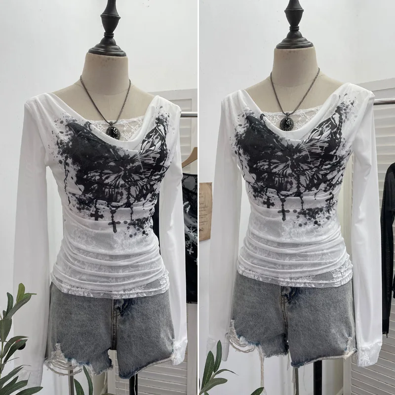 Women Casual Lace Splicing Mesh Long-sleeved T-shirt Retro Print Halloween Fake Two-piece Swing Collar Slim Fit Inner Top 8035
