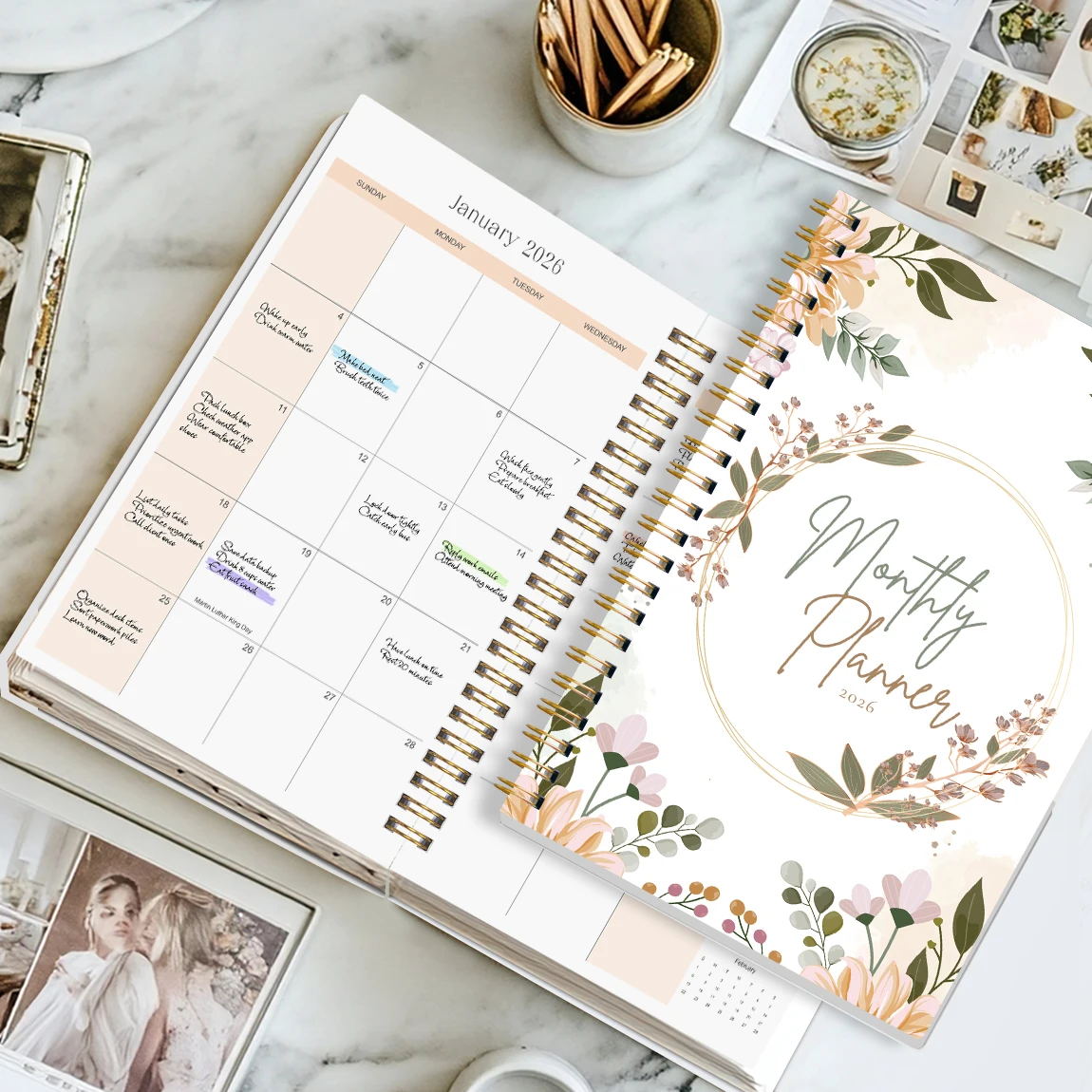 مخطط شهري مقاس A5 لعام 2026، غطاء زهري، جدول أعمال أكاديمي مع قائمة الملاحظات والقيام بالإنتاجية، مثالي لإدارة الوقت، هدية رائعة