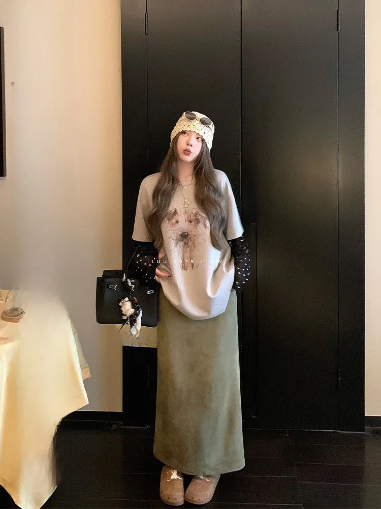 

Юбка женская осенняя с высокой талией, прямого кроя, из замши, с дизайнерскими вставками, длинная, в корейском стиле, уникальная, для повседневной носки