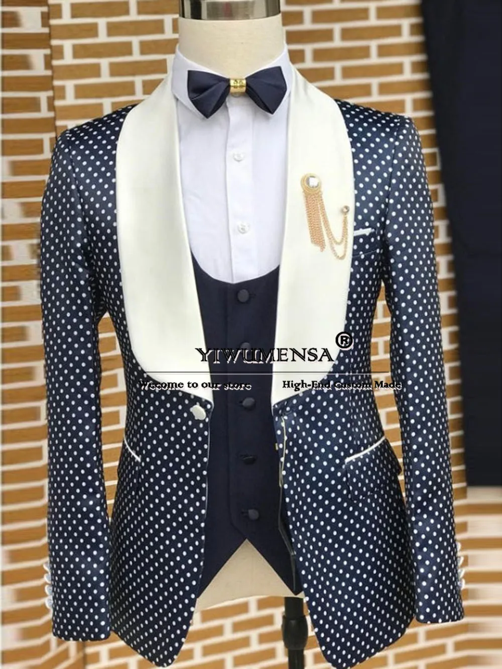 Classic Polk Dot Suits Men For Wedding Shawl Lapel Jacket Vest Pants 3 Pieces Set Groom Tuxedo Bespoke Man Business Clothing