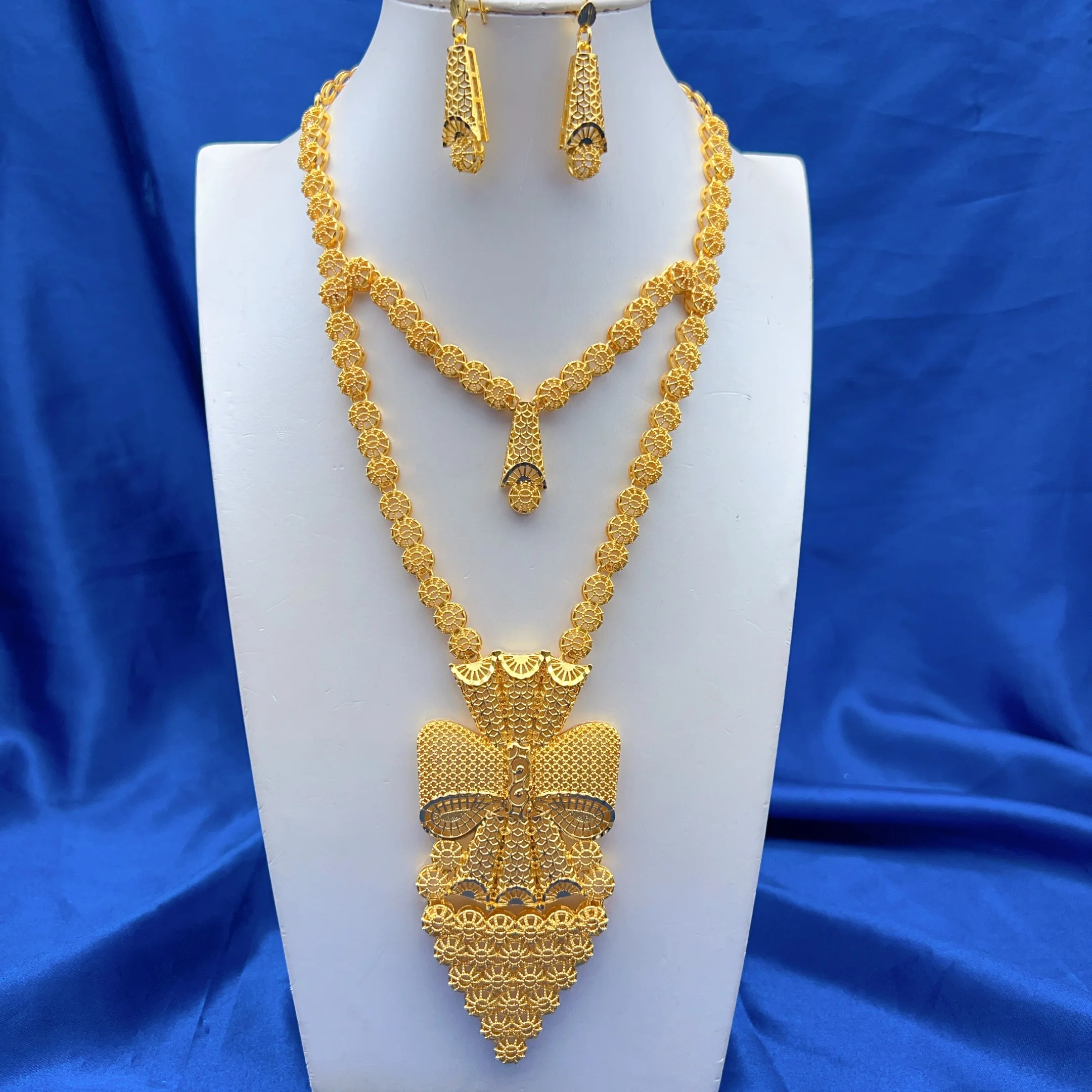 Nigerianische Lange Halsketten- und Ohrring-Sets für Bräute, Äthiopischer Indischer 24k Goldfarben Dubai Schmuck, Ohrringe für Bankett und Party, Geschenke
