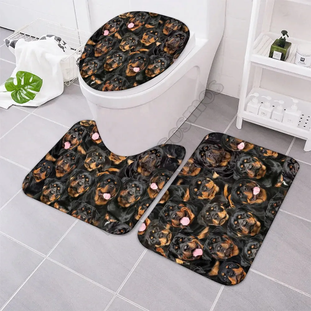 

A Bunch Of Rottweilers Bathroom Mat Set Three-piece set 3D printed Bathroom Pedestal Rug Lid Toilet Cover Bath Mat Set