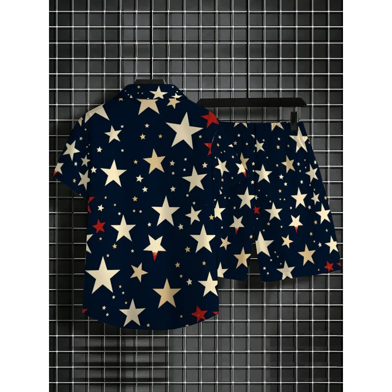 Men's Printed Star Navy Blue White Red Star Lightweight Polyester Beach Outdoor Home Shirt & Pants Set view 4