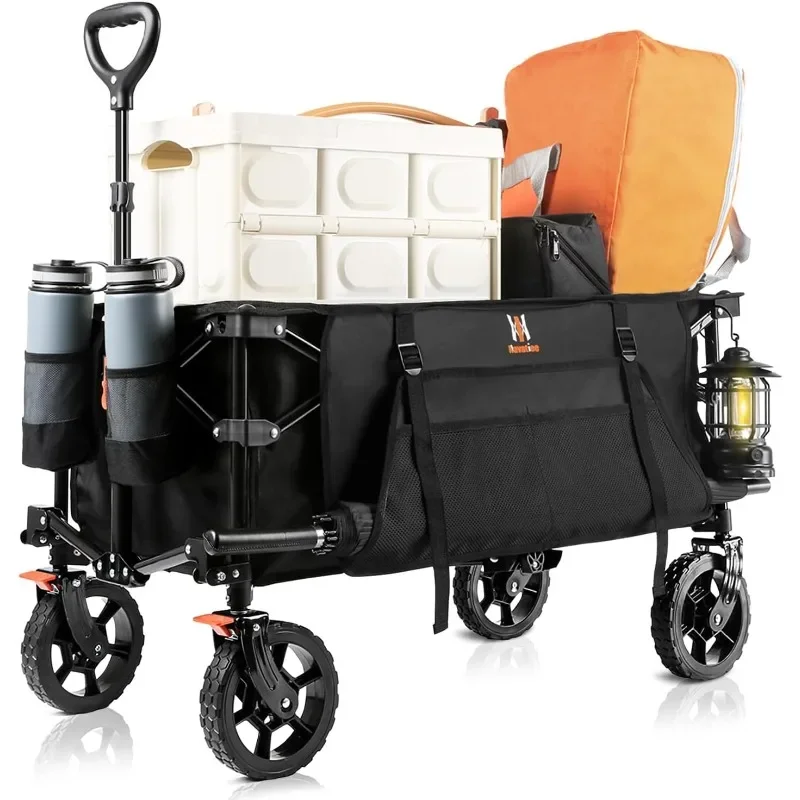 Collapsible Folding Wagon, Heavy Duty Utility Beach Wagon Cart with Side Pocket and Brakes, Large Capacity Foldable