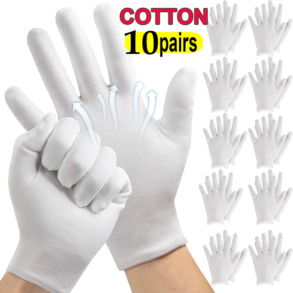 

1-10Pair White Full Finger High Stretch Mittens Men Women White Cotton Work Gloves Sweat Absorption Household Cleaning Tools