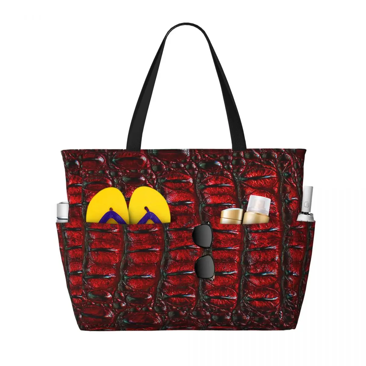 Bolso grande personalizado con estampado de piel de cocodrilo rojo granate para mujer, bolso de viaje para compras, hombro, gimnasio, playa
