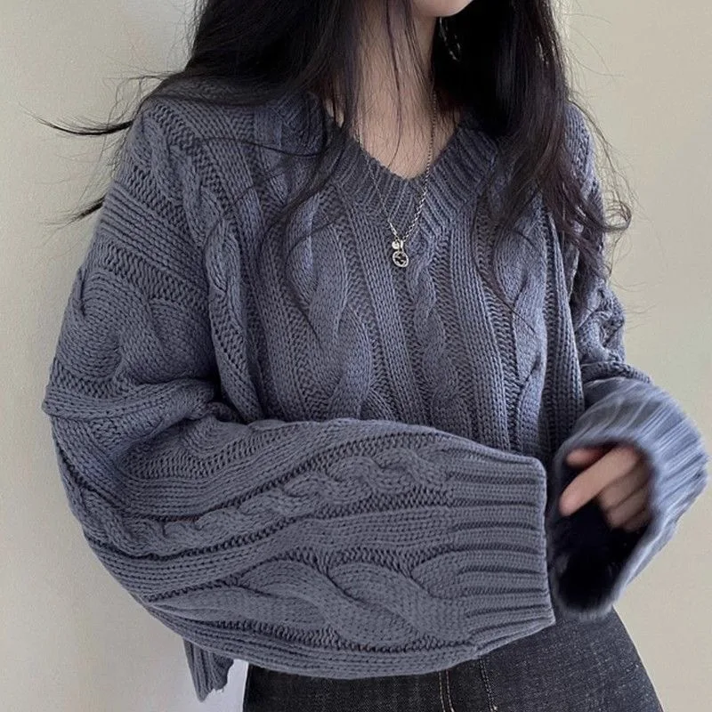 

Retro Vintage Pullovers Jumpers Short Crop Knitted Tops Cute Sweet Girls Women Winter Loose Casual Blue V Neck Sweaters