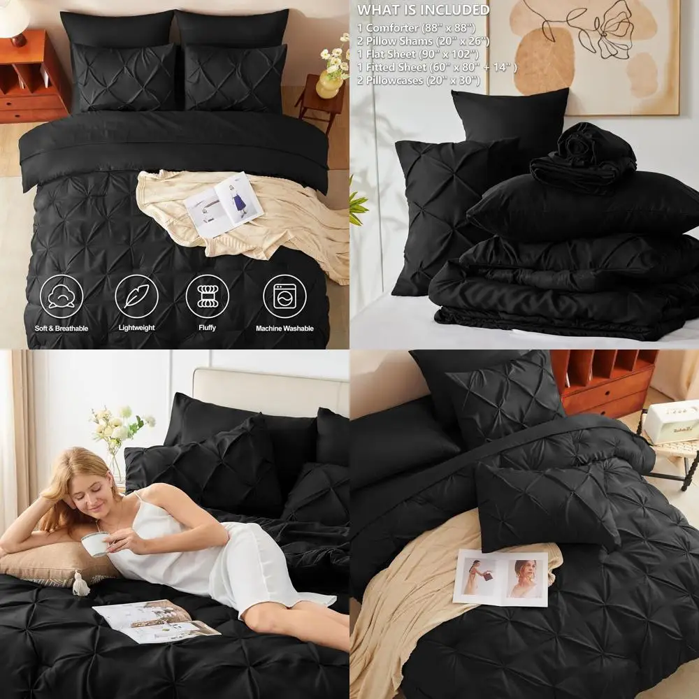 

Роскошный черный комплект одеял Queen из 7 предметов с постельным бельем со складками, простынями, наволочками и шарами