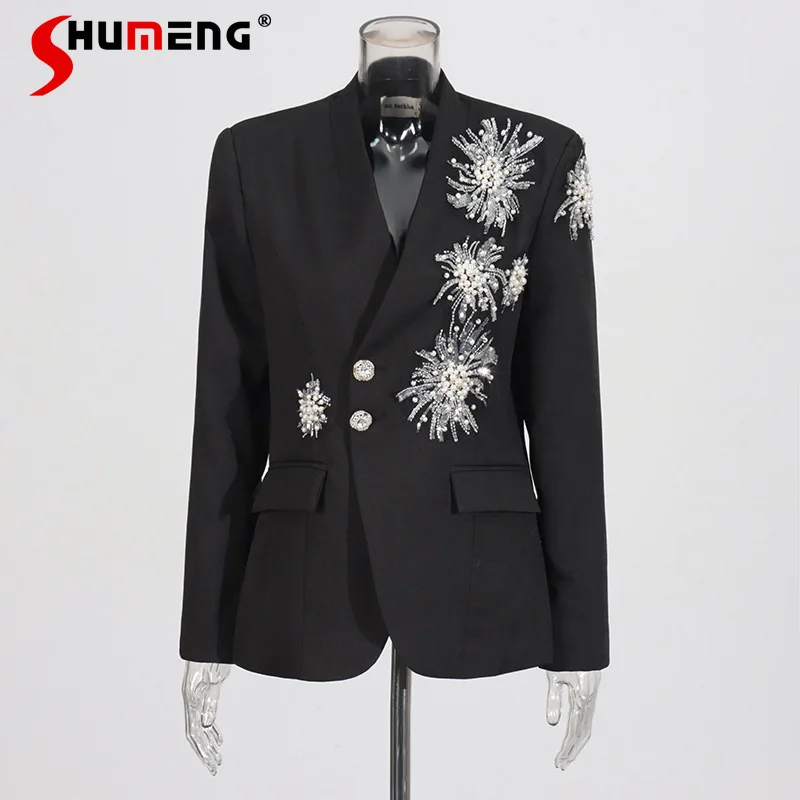 

2025 Spring Autumn Women's New High-End Tailored Coats Feminine Solid Color Suit Jackets Rhinestone Embroidered Blazer Jackets